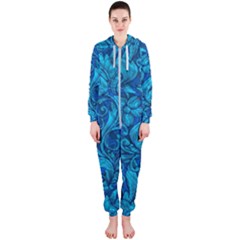 Blue Floral Pattern Texture, Floral Ornaments Texture Hooded Jumpsuit (ladies)