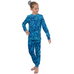 Blue Floral Pattern Texture, Floral Ornaments Texture Kids  Long Sleeve Set 