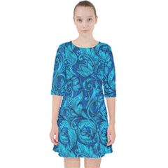 Blue Floral Pattern Texture, Floral Ornaments Texture Quarter Sleeve Pocket Dress