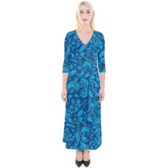 Blue Floral Pattern Texture, Floral Ornaments Texture Quarter Sleeve Wrap Maxi Dress