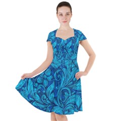 Blue Floral Pattern Texture, Floral Ornaments Texture Cap Sleeve Midi Dress