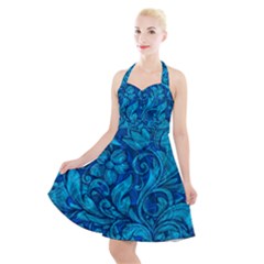 Blue Floral Pattern Texture, Floral Ornaments Texture Halter Party Swing Dress 