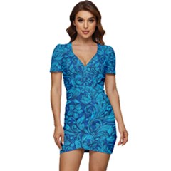 Blue Floral Pattern Texture, Floral Ornaments Texture Low Cut Cap Sleeve Mini Dress