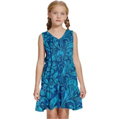 Blue Floral Pattern Texture, Floral Ornaments Texture Kids  Sleeveless Tiered Mini Dress
