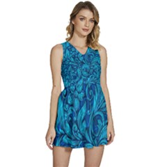 Blue Floral Pattern Texture, Floral Ornaments Texture Sleeveless High Waist Mini Dress
