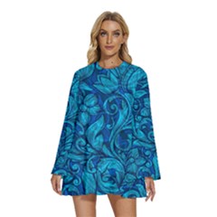 Blue Floral Pattern Texture, Floral Ornaments Texture Round Neck Long Sleeve Bohemian Style Chiffon Mini Dress