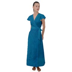 Blue Stone Texture Grunge, Stone Backgrounds Flutter Sleeve Maxi Dress