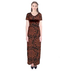 Brown Floral Pattern Floral Greek Ornaments Short Sleeve Maxi Dress