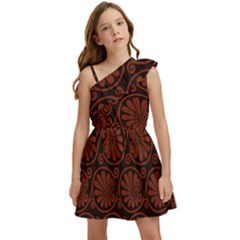 Brown Floral Pattern Floral Greek Ornaments Kids  One Shoulder Party Dress