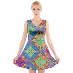 Colorful Floral Ornament, Floral Patterns V-neck Sleeveless Dress