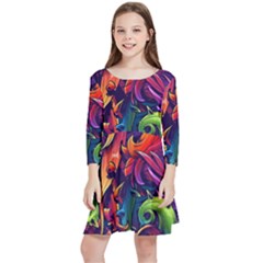 Colorful Floral Patterns, Abstract Floral Background Kids  Quarter Sleeve Skater Dress