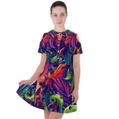 Colorful Floral Patterns, Abstract Floral Background Short Sleeve Shoulder Cut Out Dress 