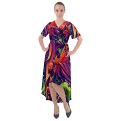 Colorful Floral Patterns, Abstract Floral Background Front Wrap High Low Dress