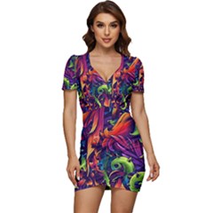 Colorful Floral Patterns, Abstract Floral Background Low Cut Cap Sleeve Mini Dress