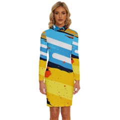Colorful Paint Strokes Long Sleeve Shirt Collar Bodycon Dress