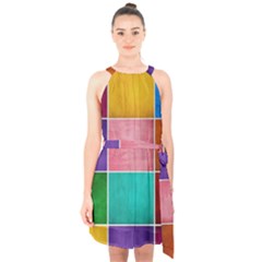 Colorful Squares, Abstract, Art, Background Halter Collar Waist Tie Chiffon Dress