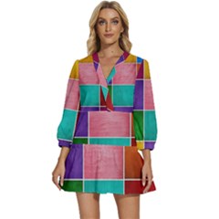 Colorful Squares, Abstract, Art, Background V-neck Placket Mini Dress