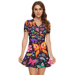 Floral Butterflies V-neck High Waist Chiffon Mini Dress