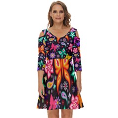 Floral Butterflies Shoulder Cut Out Zip Up Dress