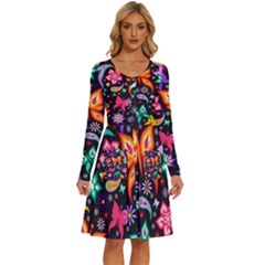 Floral Butterflies Long Sleeve Dress With Pocket