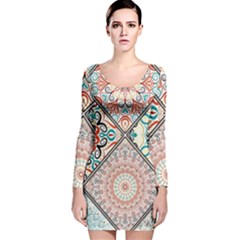 Flowers Pattern, Abstract, Art, Colorful Long Sleeve Velvet Bodycon Dress