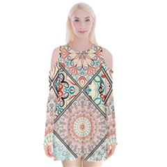 Flowers Pattern, Abstract, Art, Colorful Velvet Long Sleeve Shoulder Cutout Dress