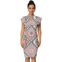 Flowers Pattern, Abstract, Art, Colorful Vintage Frill Sleeve V-neck Bodycon Dress