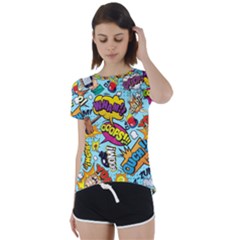 Vintage Tattoos Colorful Seamless Pattern Short Sleeve Open Back T-shirt