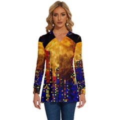 Skyline Frankfurt Abstract Moon Long Sleeve Drawstring Hooded Top