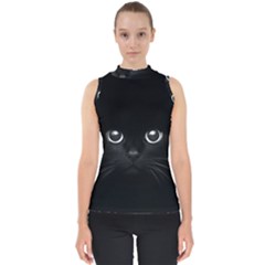 Black Cat Face Mock Neck Shell Top