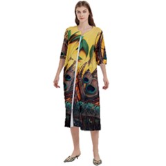 Landscape Bright Scenery Drawing Rivers Blue Lovely Women s Cotton 3/4 Sleeve Nightgown