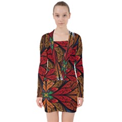 Fractals, Floral Ornaments, Rings V-neck Bodycon Long Sleeve Dress