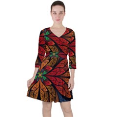 Fractals, Floral Ornaments, Rings Quarter Sleeve Ruffle Waist Dress