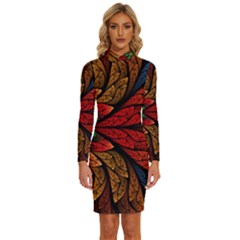 Fractals, Floral Ornaments, Rings Long Sleeve Shirt Collar Bodycon Dress