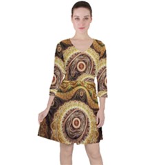 Fractals, Floral Ornaments, Waves Quarter Sleeve Ruffle Waist Dress