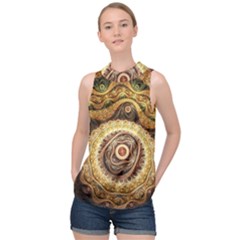 Fractals, Floral Ornaments, Waves High Neck Satin Top