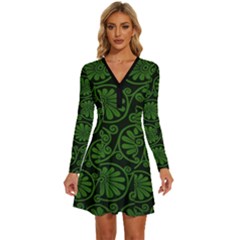  Long Sleeve Deep V Mini Dress 