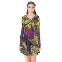 Green Paisley Background, Artwork, Paisley Patterns Long Sleeve V-neck Flare Dress