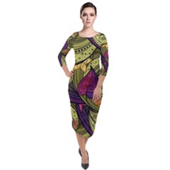 Green Paisley Background, Artwork, Paisley Patterns Quarter Sleeve Midi Velour Bodycon Dress