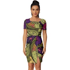 Green Paisley Background, Artwork, Paisley Patterns Fitted Knot Split End Bodycon Dress