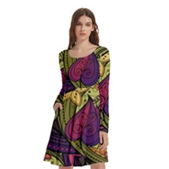 Green Paisley Background, Artwork, Paisley Patterns Long Sleeve Knee Length Skater Dress With Pockets