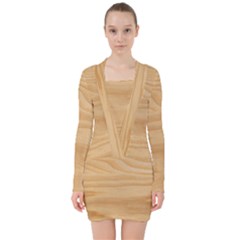 Light Wooden Texture, Wooden Light Brown Background V-neck Bodycon Long Sleeve Dress