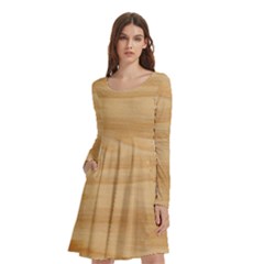 Light Wooden Texture, Wooden Light Brown Background Long Sleeve Knee Length Skater Dress With Pockets