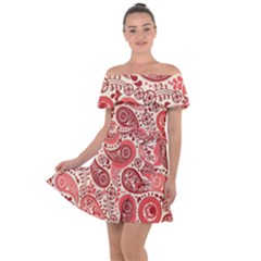 Paisley Red Ornament Texture Off Shoulder Velour Dress