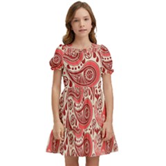 Paisley Red Ornament Texture Kids  Puff Sleeved Dress