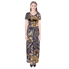 Paisley Texture, Floral Ornament Texture Short Sleeve Maxi Dress