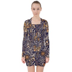Paisley Texture, Floral Ornament Texture V-neck Bodycon Long Sleeve Dress