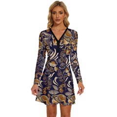 Paisley Texture, Floral Ornament Texture Long Sleeve Deep V Mini Dress 