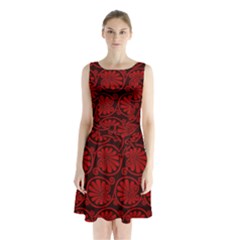 Red Floral Pattern Floral Greek Ornaments Sleeveless Waist Tie Chiffon Dress
