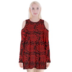 Red Floral Pattern Floral Greek Ornaments Velvet Long Sleeve Shoulder Cutout Dress